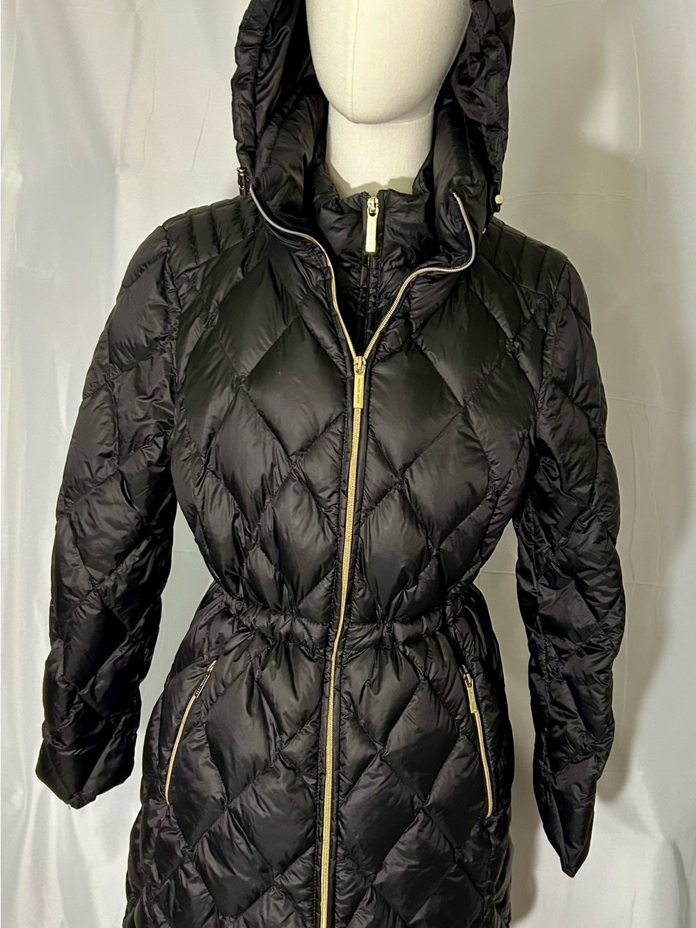 Michael Kors Black Diamond Quilted Down Puffer Coat Petite Large Hooded Fitted